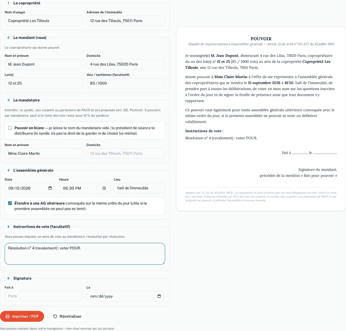 Le générateur de pouvoir annoté, avec un mandat rempli en exemple