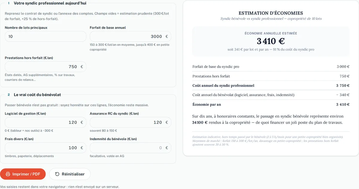 Le simulateur d'économies annoté, avec une copropriété de 10 lots en exemple